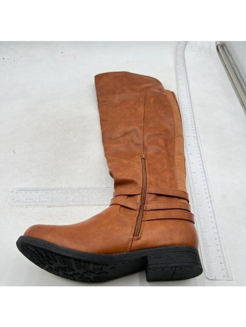 Women's Wide Calf Strap Buckle Knee High Boots Round Toe Pull On Low Heels Brown